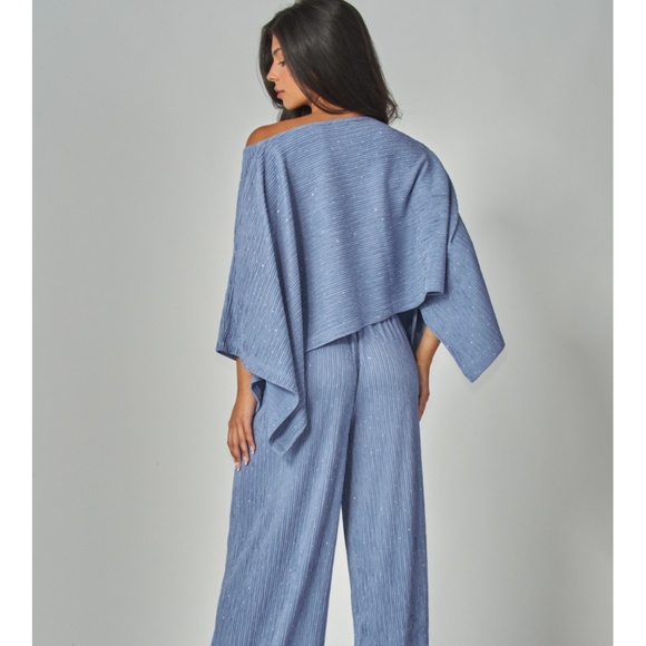 London Blue off the Shoulder Crinkle pantsuit with Rhinestones - Picture 2 of 2